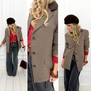 Veste blazer marron pied de poule col simili