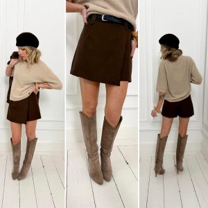 Jupe short courte marron ceinturée