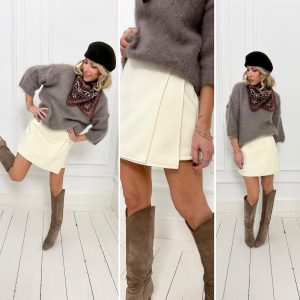 Jupe short courte crème ceinturée