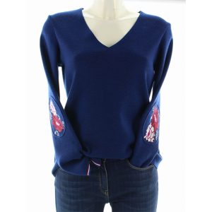 Pull marin à col V Femme Fleurs de Kyoto