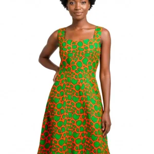Robe évasée en wax africain vert et orange – Style moderne et coloré